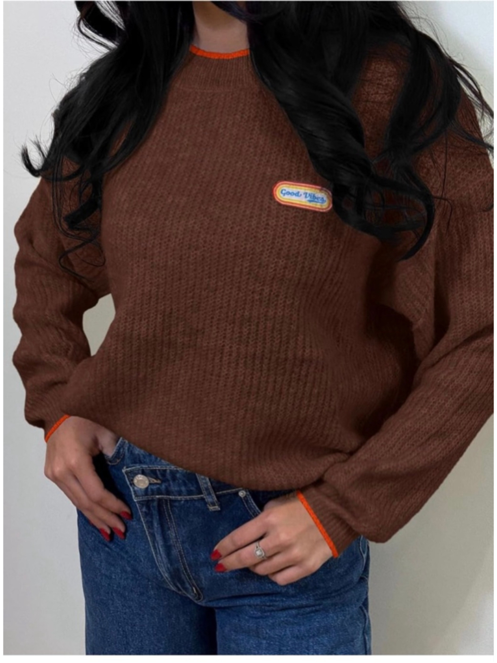 NEW Crew Neck Long Sleeve Knit Contrast Piping Strip Pullover Sweater M - Picture 6 of 7